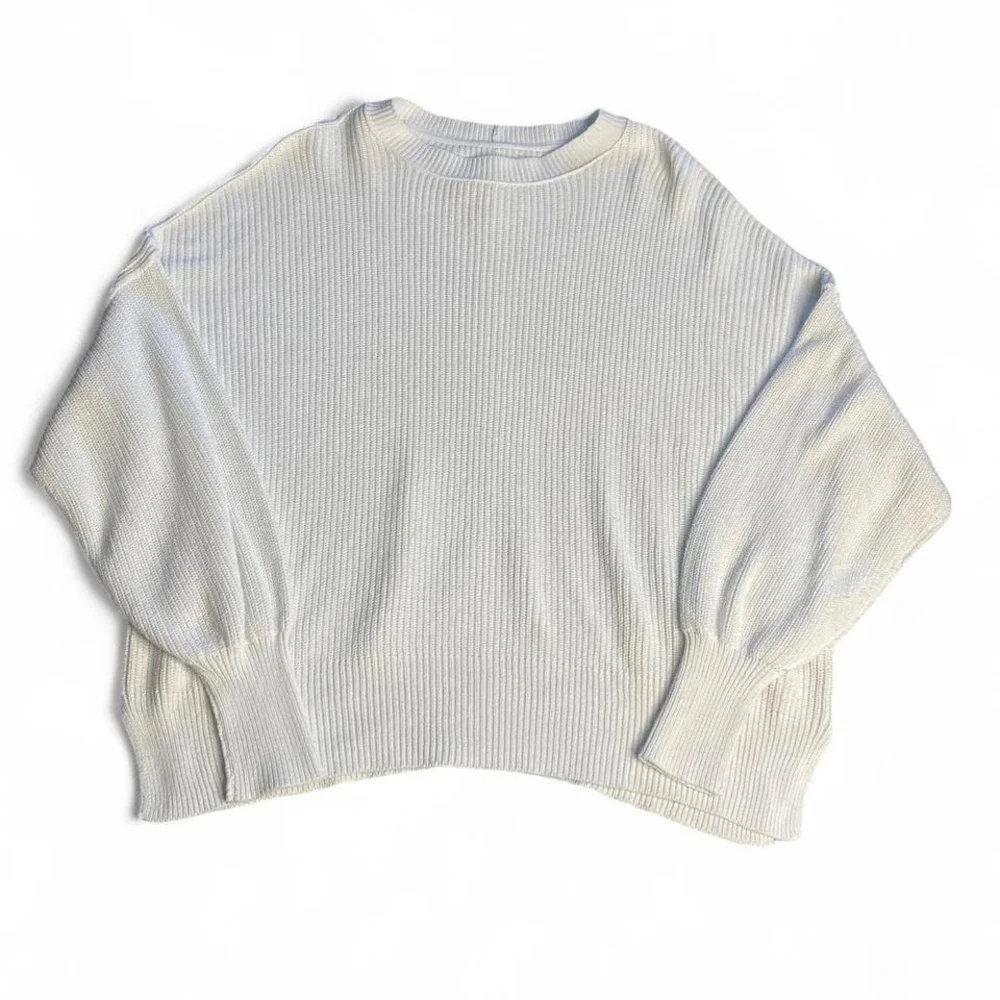 Aerie Oversized White‎ Knit Sweater with Roll-Up Sleeves